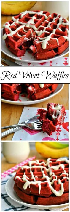 red velvet waffles with white icing on top