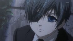 an anime character with blue eyes and black hair looking at the camera, in front of a tree