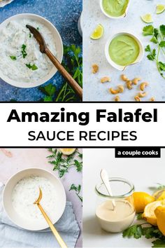 four different images with the words amazing falafel sauce recipes on them and lemons in bowls