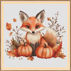 a cross stitch pattern with an image of a fox and pumpkins on the ground