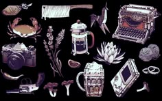 an assortment of old fashioned items on a black background