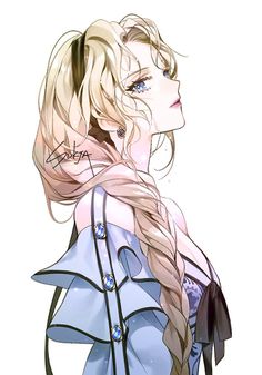 an anime character with long blonde hair and blue eyes, wearing a jacket over her shoulders