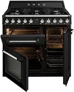 an oven with the door open and two burners on each side, in black