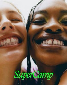 two smiling women with their mouths open and the words super camp written on top of them