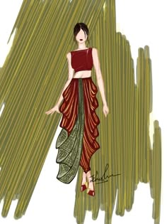 a drawing of a woman in a red top and green skirt