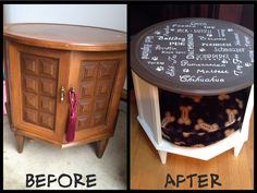 before and after photos of an old cabinet turned into a side table