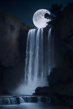 the full moon is shining over a waterfall with water cascading down it's sides