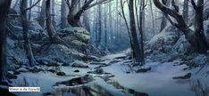 a painting of a snowy forest with rocks and trees