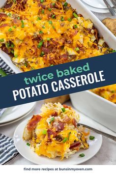 twice baked potato casserole with bacon and green onions in a white baking dish