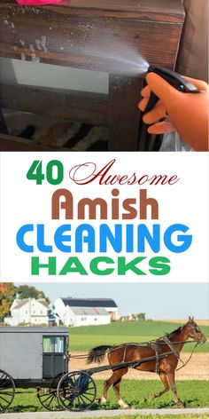 the words, 40 awesome amish cleaning hacks are in front of a horse drawn carriage