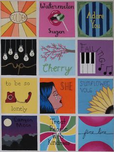 a poster with many different types of musical instruments on it's sides, including piano keys and sunflowers