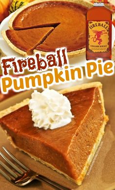 there is a pie with whipped cream on top and a bottle of fireball pumpkin pie in the background