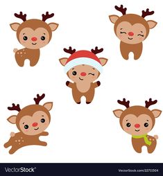 four reindeers with hats and scarves on their heads are shown in different poses