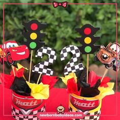 cars birthday centerpieces with cupcake toppers