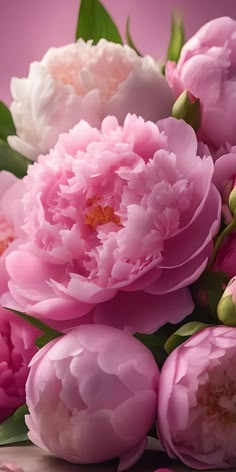 pink and white peonies with green leaves on a purple background, close up