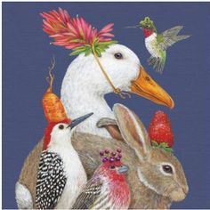 a painting of birds and rabbits with strawberries on their heads