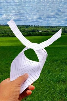 someone is holding up a piece of paper in the middle of a field with grass