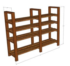 a wooden book shelf with three shelves on each side, and measurements for the top