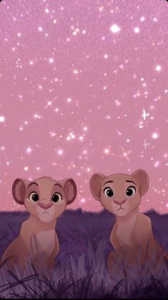 two little lions sitting in the grass under a pink sky with stars and sparkles