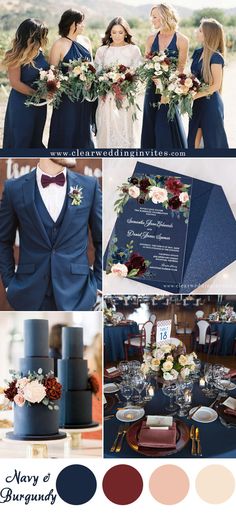 the wedding party is dressed in blue and burgundy