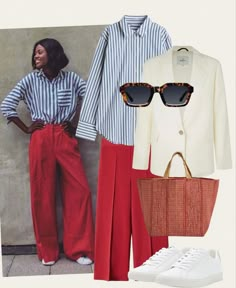 Red Trousers Outfit, Red Pants Outfit, White Outfits For Women, Red Striped Shirt, Color Combos Outfit, Red Trousers, Outfits For Women Over 50, Outfits Styling, Moda Jeans