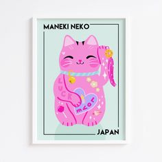 a pink poster with a cat on it's back and the words maneki neko written in japanese