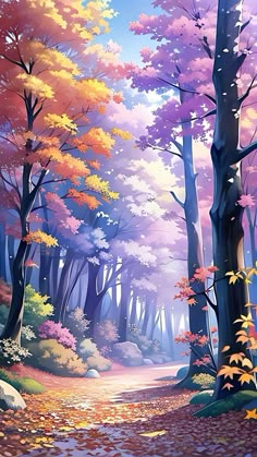 a painting of a colorful forest with trees and leaves on the ground in fall colors