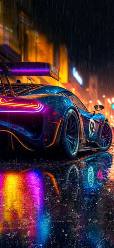 a car that is sitting in the rain with neon lights on it's side