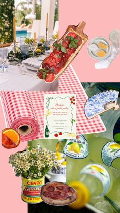 a collage of food and drink items on a table with pink background, including strawberries