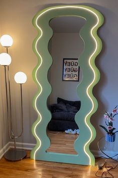 LED light mirror. Sage green decor. Funky retro living room. Wavy mirror. Cozy Funky Bedroom, Groovy Mirror, Weird Mirror, Bedroom Funky, Funky Apartment Decor, Chill Apartment Vibes, Living Room Decor Colorful, Funky Apartment, Chill Apartment