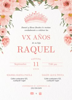 a wedding card with pink flowers and a tiara on the top, in spanish