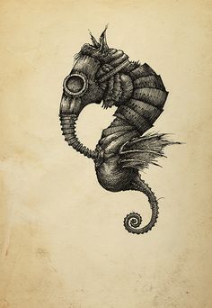 a drawing of a sea horse with its head in the shape of a letter c