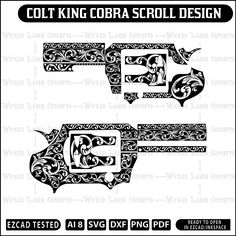 "Custom made Colt King Cobra Scroll design for laser engraving. This file is for the 3\" model. Contact me for any of your laser design needs or any customization." Shane Tattoo, Engraving Patterns, Scroll Engraving, Optical Illusion Drawing, Leather Working Patterns, Illusion Drawings, Laser Design, Grayscale Image, Graffiti Lettering Fonts