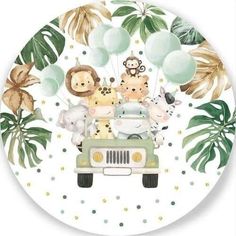 a plate with animals and balloons in the shape of a car on a tropical background