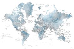 the world map is shown in blue watercolor