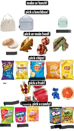 a bunch of different types of snacks and candys with words above them that say it is