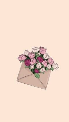 a bunch of flowers in an envelope on a pink background with the words love written below it