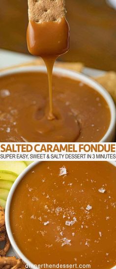 the peanut butter caramel fondue is being drizzled over