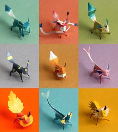 six different types of origami animals on colored paper