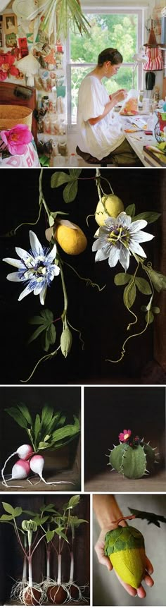 the process of painting flowers and plants is shown