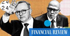 two men in suits and ties are holding up their hands with the words financial review