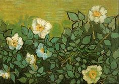 a painting of white flowers and green leaves