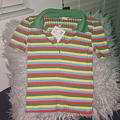 Nwt Zara Stretch Ribbed Rainbow Knit Collared Short Sleeve Polo Shirt Size Small Bust 12" Length 19.5" Retro Fitted Tops With Ribbed Collar, Retro Fitted Top With Ribbed Collar, Casual Multicolor Tops With Striped Collar, Striped Short Sleeve Top With Ribbed Collar, Casual Multicolor Stretch Shirt, Casual Stretch Multicolor Shirt, Ribbed Cotton Collared Tops, Multicolor Cotton Top With Striped Collar, Yellow Spring Top With Ribbed Collar