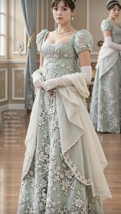 This Regency-inspired mint gown with silver floral embroidery radiates elegance and is ideal for zodiac signs that appreciate detail, sophistication, and timeless beauty. Virgo would be captivated by the gown’s intricate embroidery and structured form, reflecting their perfectionist nature and eye for quality. Taurus, known for valuing comfort and luxury, would find the dress’s refined style and rich textures appealing. Aquarius, with a love for uniqueness, would see this gown as a blend of classic and modern appeal, embracing its unconventional color. This dress perfectly suits signs that cherish both elegance and individuality. Discover more about yourself on our astrology website! #pinterest #zodiac #astrology  #Halloween #Empire #Regency #holiday #christmas #dress #costumes #Parties Bridgerton Clothes, Mint Gown, Victorian Era Dresses, Gown Suit, Vintage Gowns