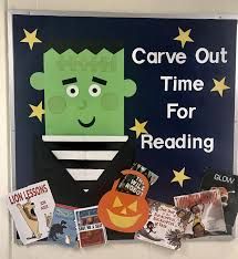 a bulletin board with an image of a cartoon character on it and the words carve out time for reading