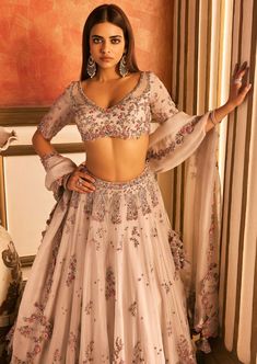 Grey organza lehenga set with thread and zardosi embroidery. Rahul Khanna, Zardosi Embroidery, Payal Singhal, Organza Lehenga, Nehru Jackets, Western Wedding, Wedding Service, Short Suit, Bride Bridal