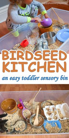 the birdseed kitchen is an easy toddler activity bin