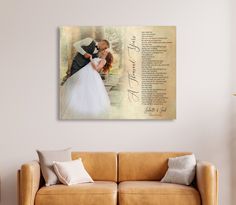 a bride and groom kissing on their wedding day with the names of their vows written in cursive writing