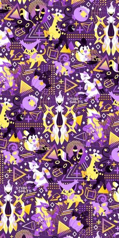 a purple and yellow pattern with small cats on the bottom, in different shapes and sizes