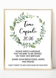 a card with the words time capsule 205 on it and a wreath frame around it